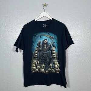ODM Men L Black Grim Reaper Skull Throne Graphic T-Shirt Cotton Grunge Goth